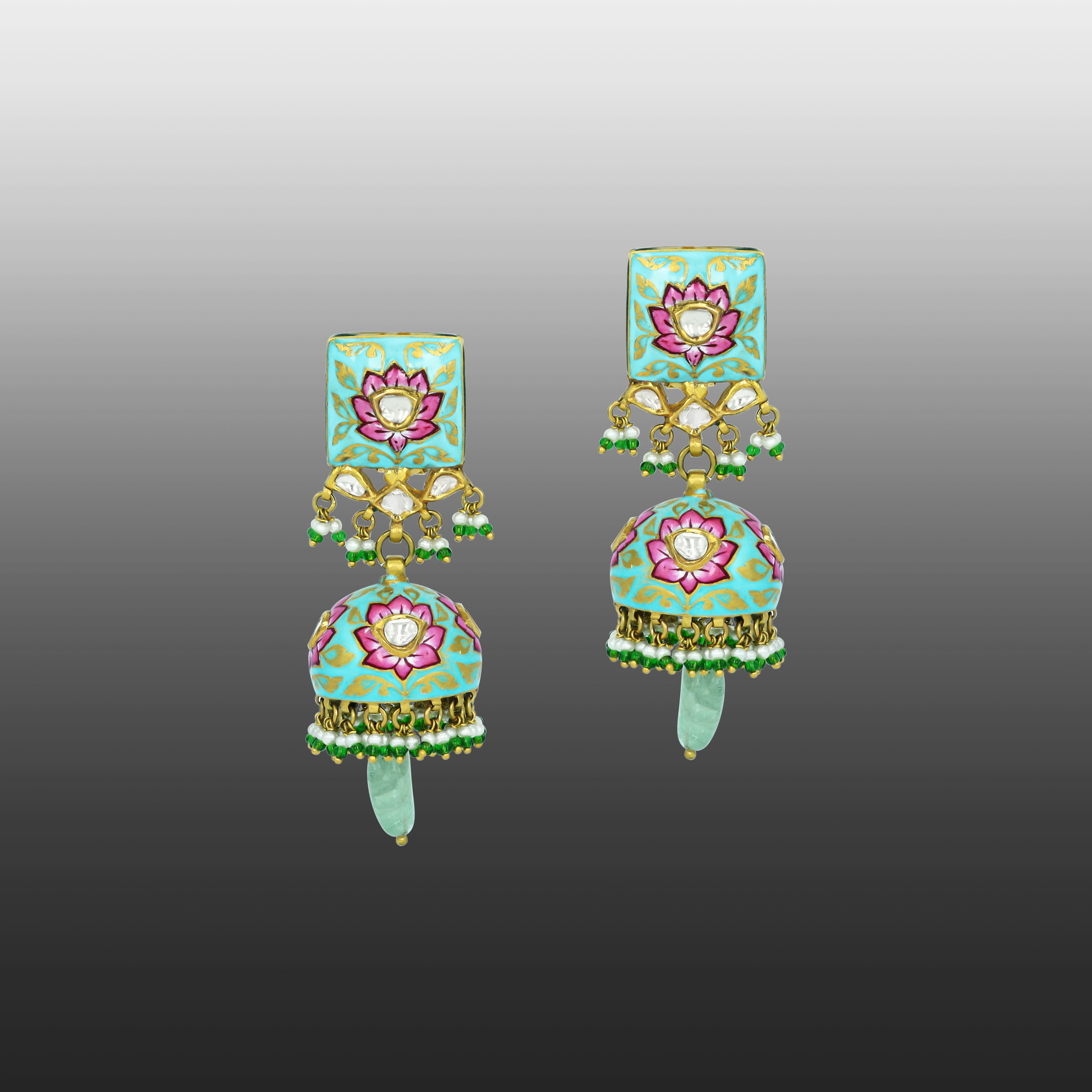 Lotus Enamel Jhumkas with Polkis and Russian Emerald Drops
